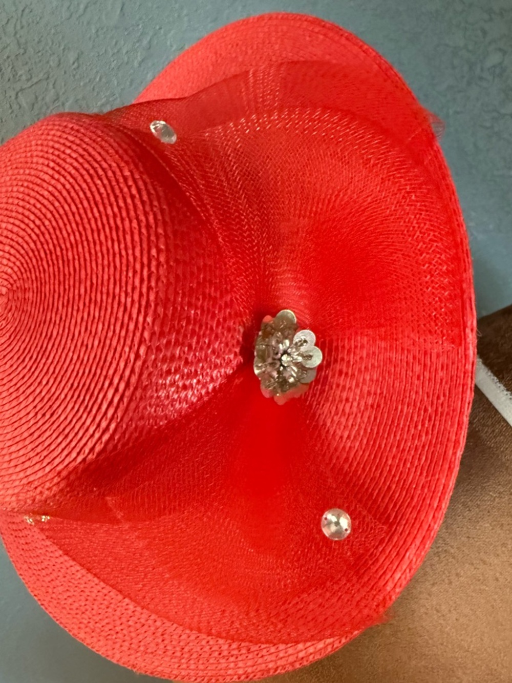 Red Decorative Wide-Brim Straw Hat rhinestones mash, bow Derby red hat Society